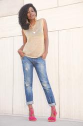 Gold Blouse + Distressed Boyfriend Jeans