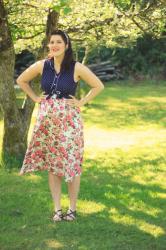 Retro floral skirt, polka dots, and 1950’s makeup