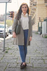 Khaki trench and loafers