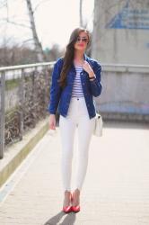 Denim jacket with white pants