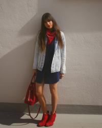 Clashing Double Denim with Red Bandana Booties and MK Tote