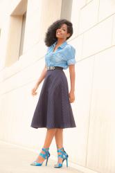 Boyfriend Denim Shirt + Pinstripe Midi Skirt