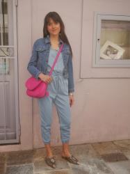 Flat Mules and Denim Jumpsuit