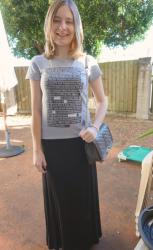 Grey: Jersey Maxi Skirts and Tees. Neutral and Bright and Colourful Outfits
