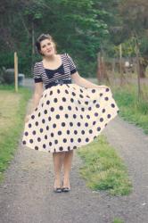 Striped shirt, polka dot skirt, and lots of bows