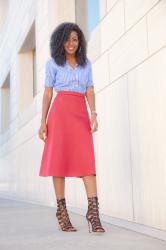 Striped Button-Down Shirt + Circle Midi Skirt