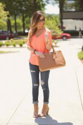 Neon Coral + Destroyed Jeans