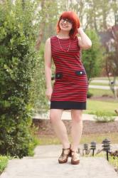 Work Outfit: Nautical Striped Shift Dress with Bronze Sandals and Cat Eye Glasses