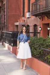 Spring Outfit | White Skirt + Denim Top