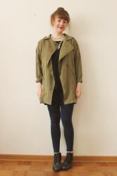Green coat and Cut out shirt