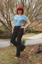 Outfit: Petite Dark Wash Bell Bottoms, Blue Striped Shirt, and Yellow Wedges