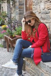 RED COAT AND PLAID BLOUSE