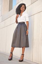 Crisp White Shirt + Black Box Pleat Midi