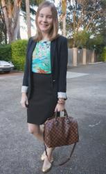 Corporate Style: Zara Jersey Blazer and Pencils Skirts with Printed Tops