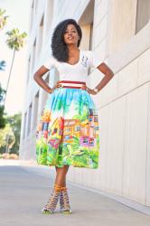 V-Neck Tee + Village Print Midi Skirt