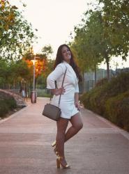 White dress, gold sandals!