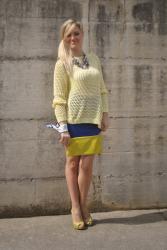 OUTFIT: YELLOW SWEATER AND BLUE SKIRT