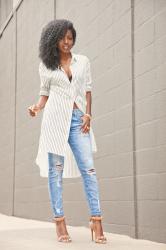 Striped Tunic Shirt + Distressed Stiletto Jeans