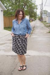 Patterned pencil skirt with chambray on top