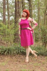 Outfit: Hot Pink Lace Dress, Floral Print Cardigan, and Nude Heels