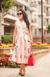 Silk Blouse + Pink Character Midi Skirt