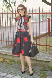 Fashion trends: polka dot skirt and sheer fabric blouse