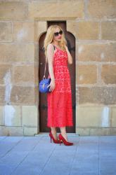 A red lace dress