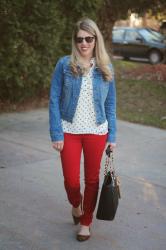 Red Jeans and Polka Dot Top