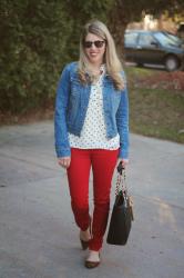 Red Jeans and Polka Dot Top