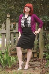 Work Outfit: Checkered Top, Classic Pencil Skirt, Purple Cardigan, and Silver Heels
