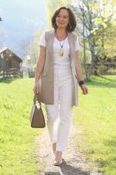 WHITE AND NUDE SPRING LOOK WITH A LONG VEST