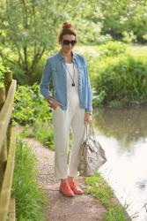 Shades of White With a Chambray Shirt and Coral Brogues