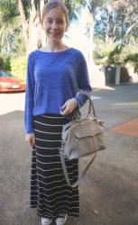 Sales! Blue and Black Casual Outfits - Striped Maxi Skirt, Prima Denim Skinny Jeans
