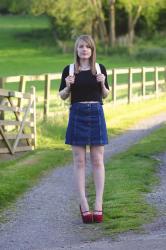 The 90’s Denim Button Skirt And Backpack Outfit