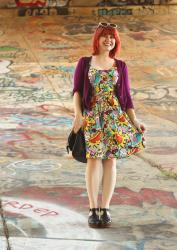 Outfit: Food Pop Art Novelty Print Dress, Purple Cardigan, and Black Sandals