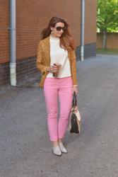 Springtime Brights | Mustard Polka Dot Blazer, Pink Chinos, Taupe Mules