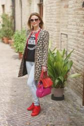Red adidas Supercolor and leopard coat