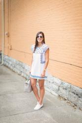 White & Navy Embroidered Dress