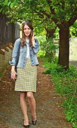 yellow-blue plaid skirt with denim