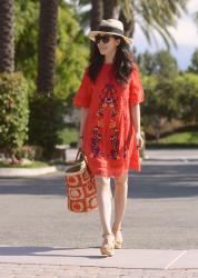 Travel Style: Red Minidress and Straw Tote