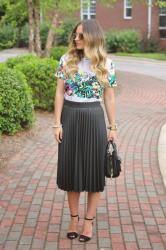 Outfit Post: Tropical Print Top + Leather Skirt