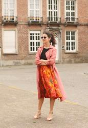 Outfit: funky femme in duster coat, vintage floral circle skirt