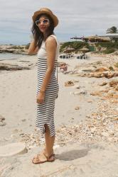 Navy dress at the beach