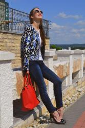 blue-black crop coat & red handbag