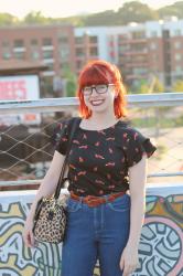 Outfit: Fox Print Top, High Waisted Jeans, Brown Clogs, and a Leopard Print Bag