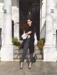 Flutter Sleeve Blouse / Pinstripe Trousers