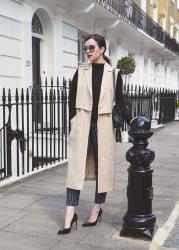 Sleeveless Trench / Striped Trousers - Lunch on Brompton Road