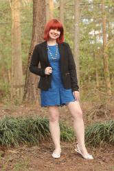 Work Outfit: Blue Lace Romper with White Pointed Flats and a Blazer