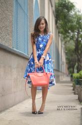 Asymetrical blue dress.