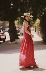 Red Maxi Dress & Straw Hat